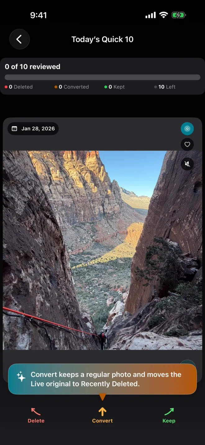 Live Photo Cleaner+ showing a Live Photo with Keep, Convert, and Delete controls